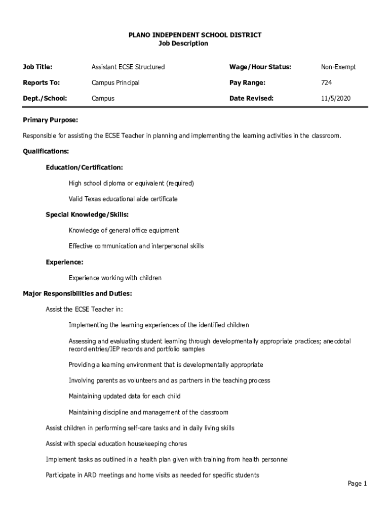 Fillable Online SAMPLE JOB DESCRIPTION FORM Plano ISD Fax Email Print
