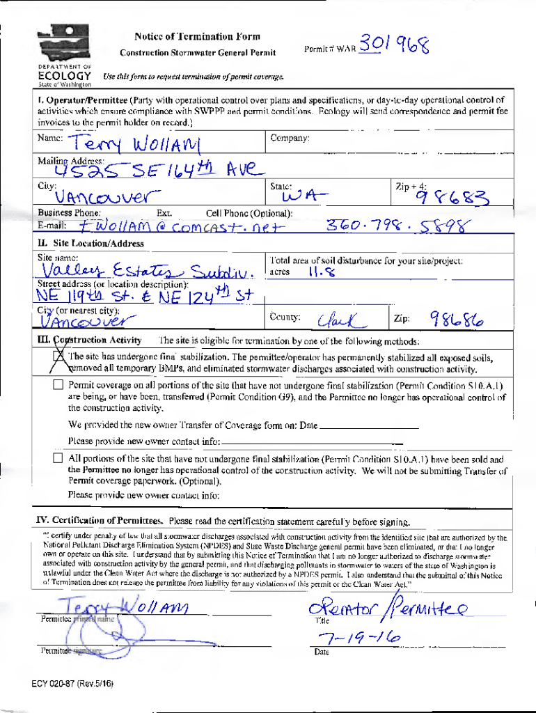 Fillable Online Notice of Termination Form Permit WAR 306944