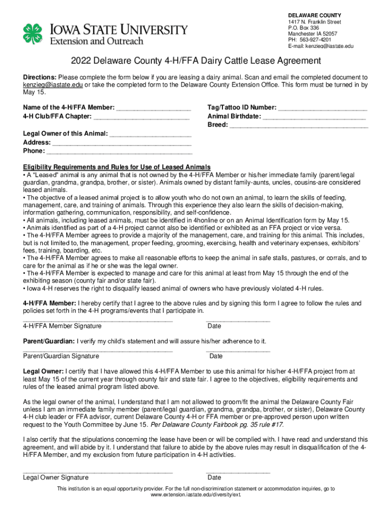 Fillable Online 2022 Delaware County 4H/FFA Dairy Cattle Lease