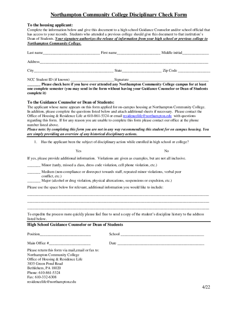 Fillable Online Northampton Community College Disciplinary Check Form