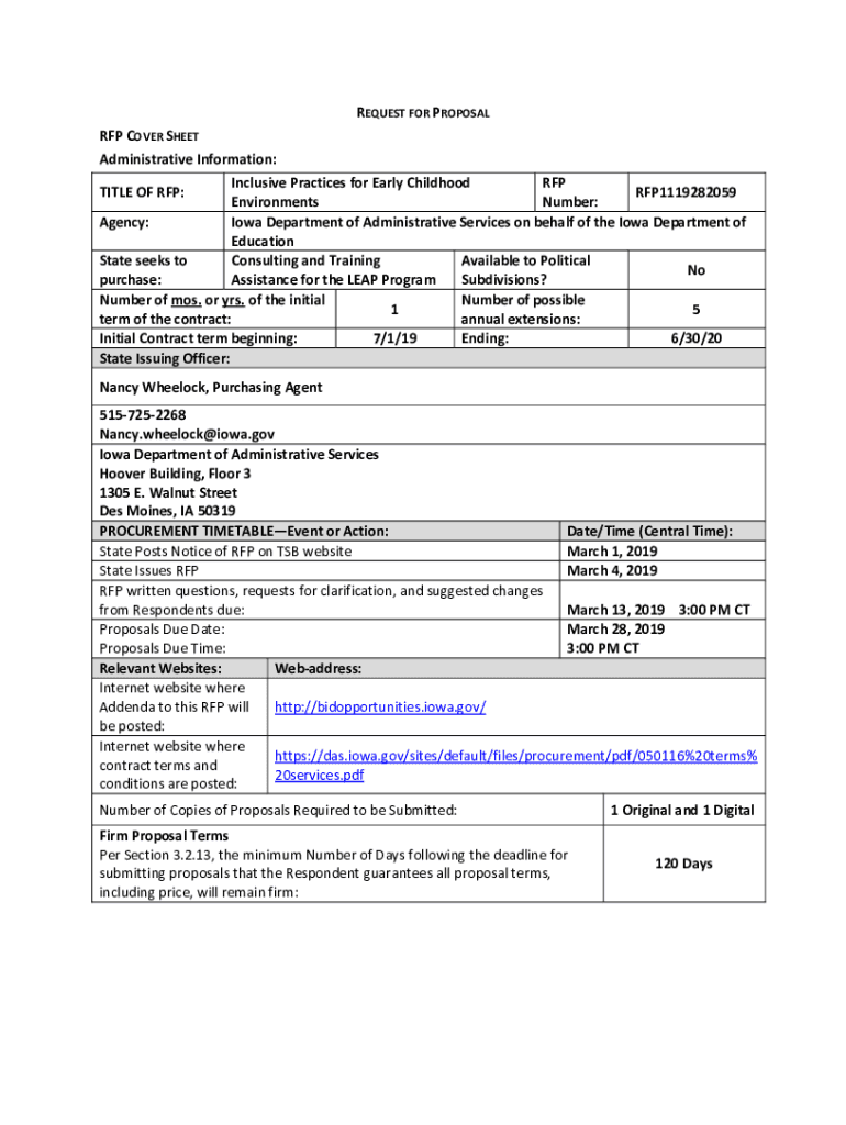 Fillable Online REQUEST FOR PROPOSAL RFP COVER SHEET Administrative