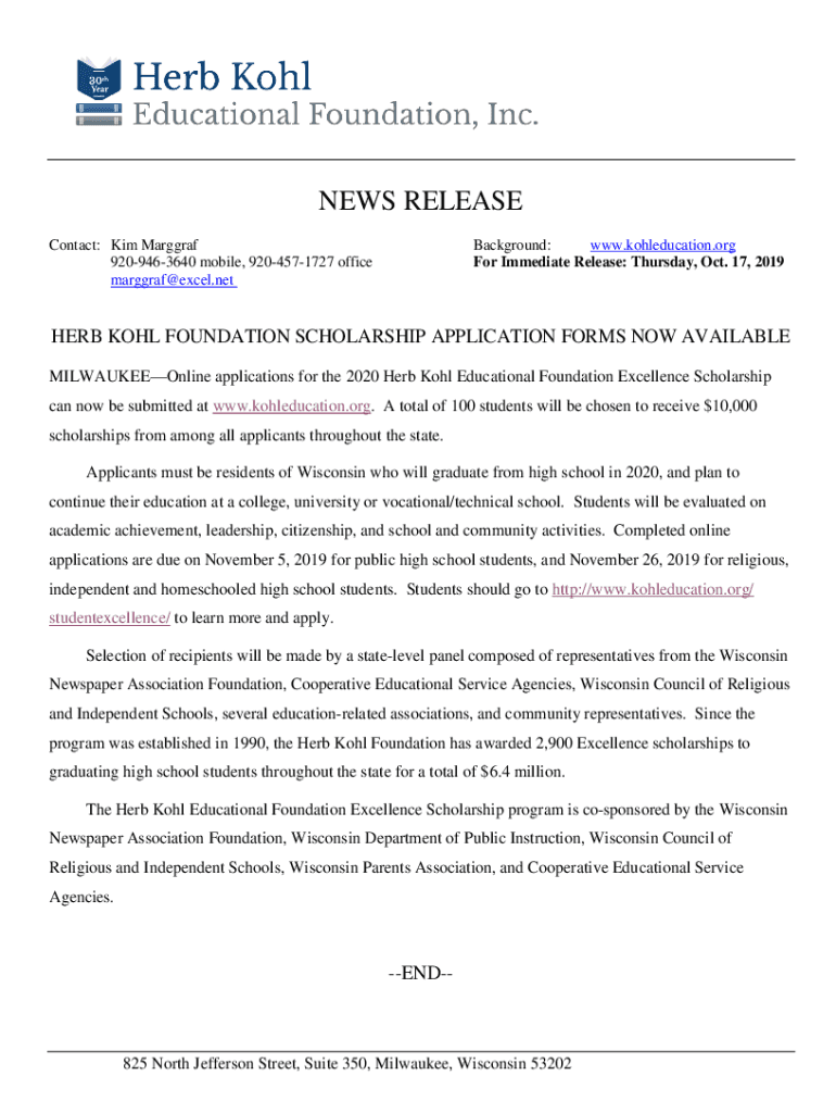 Fillable Online Herb Kohl Foundation Scholarship Application Forms Now