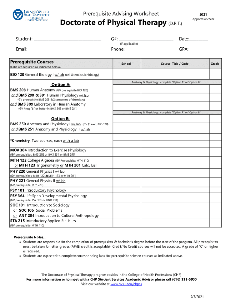 Fillable Online Physical Therapy Prerequisites Tips for