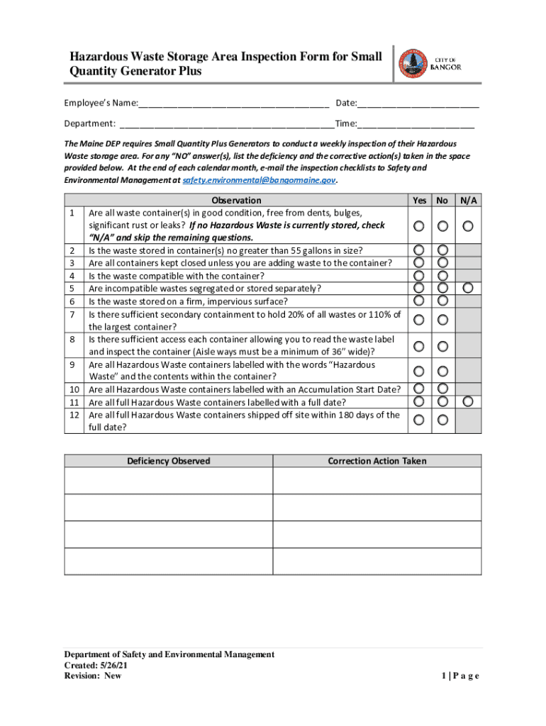 Fillable Online Hazardous Waste Storage Area Inspection Form for Small