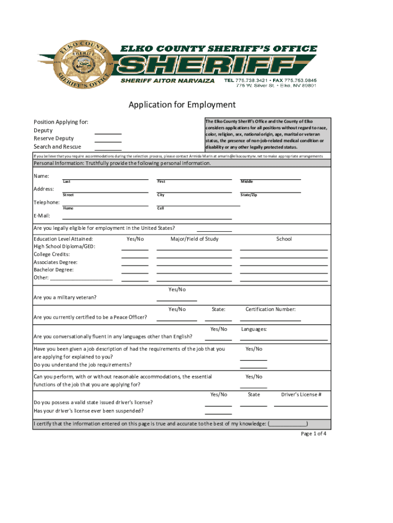 Fillable Online Employment Sevier County Sheriff's Office