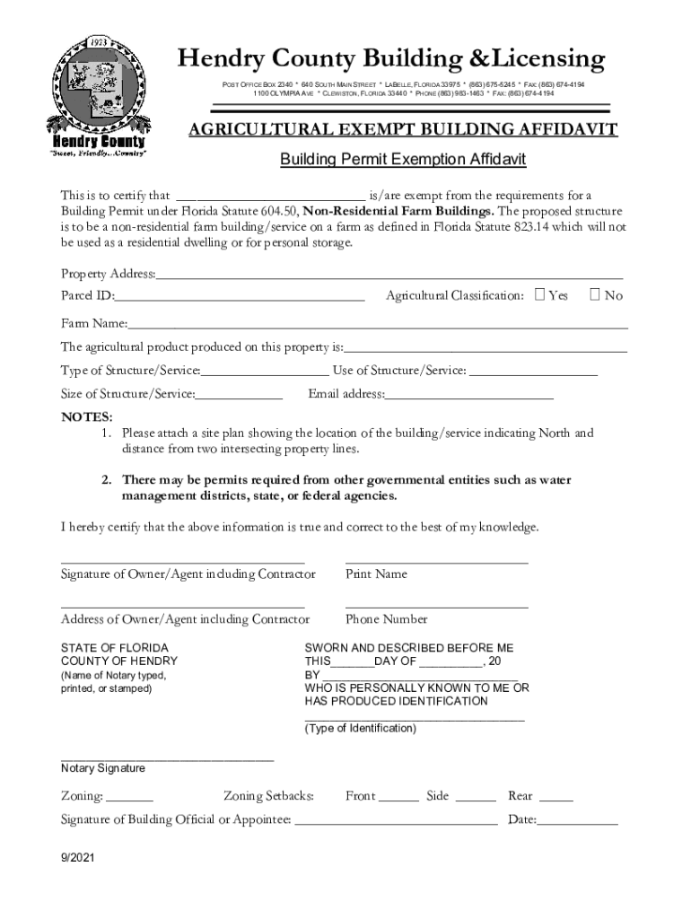 Fillable Online AGRICULTURAL EXEMPT BUILDING AFFIDAVIT 2021.pdf Fax