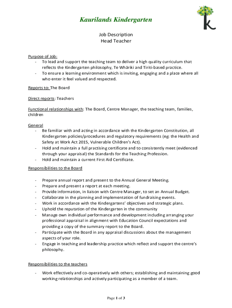 Fillable Online Kindergarten Teacher job description templateWorkable