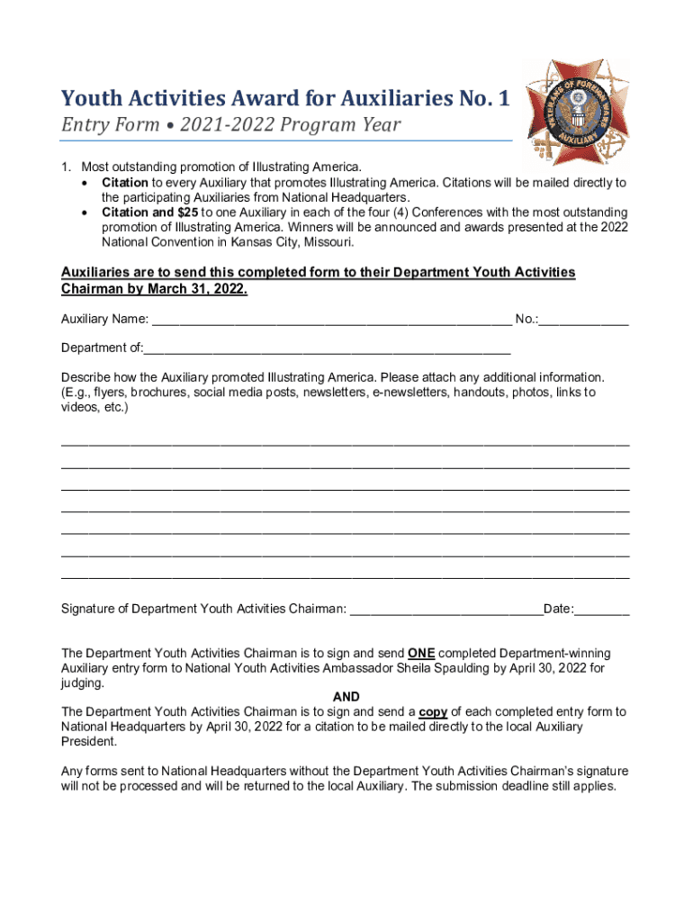 Fillable Online Youth Activities Award for Auxiliaries No. 1 VFW
