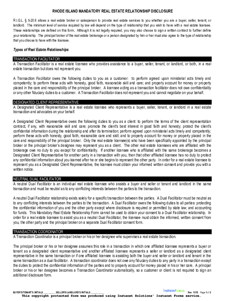 Fillable Online dbr ri RHODE ISLAND MANDATORY REAL ESTATE RELATIONSHIP DISCLOSURE FORM Types
