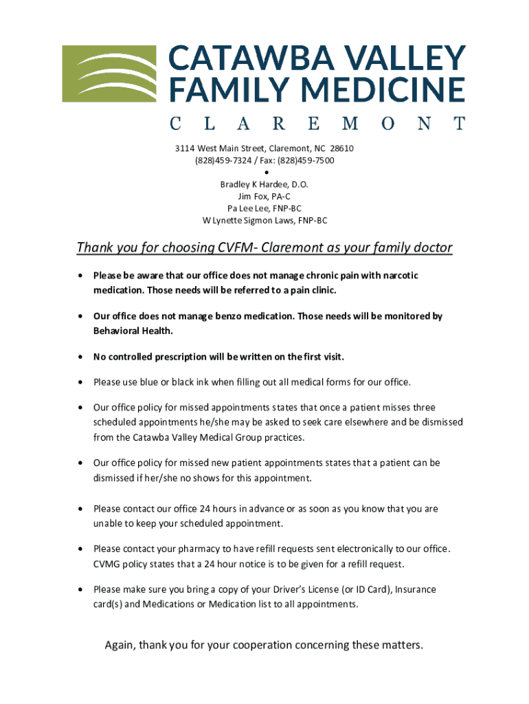Fillable Online Catawba Valley Family Medicine Claremont in Claremont, NC MDCatawba Valley