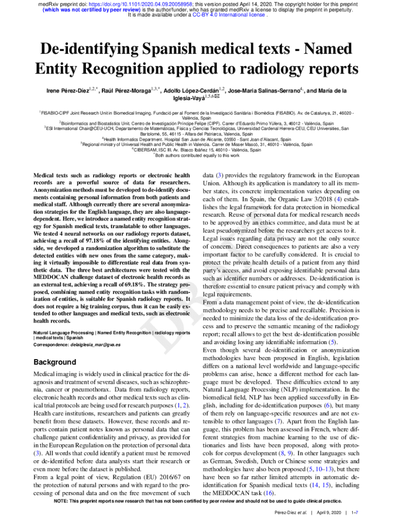 Fillable Online Deidentifying Spanish medical texts Named Entity