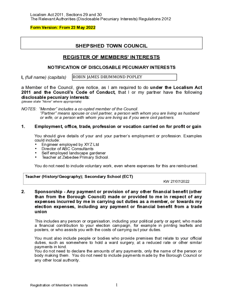 Fillable Online Register of members interests form PARISH TOWN COUNCIL