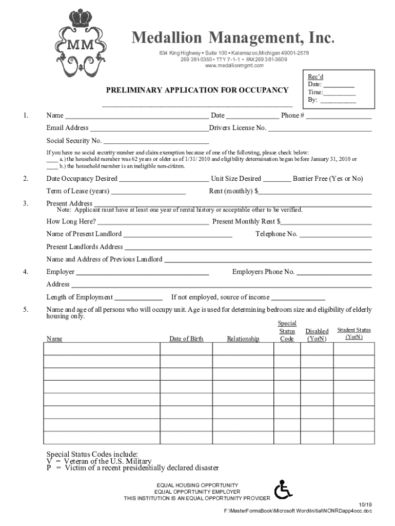 Fillable Online PRELIMINARY APPLICATION FOR OCCUPANCY RentLinx Fax