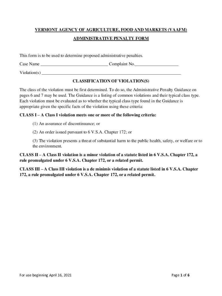 Fillable Online Vermont Administrative Penalty Form Download Printable