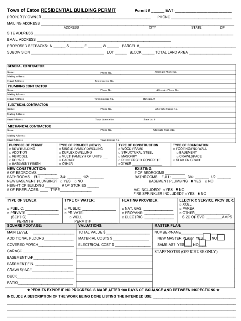Fillable Online Town of Eaton RESIDENTIAL BUILDING PERMIT Permit EAT