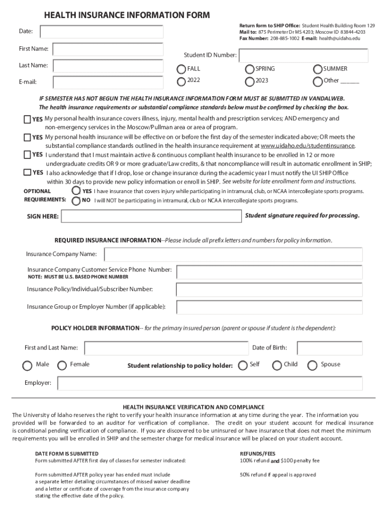 Fillable Online Health Insurance Information Form University of Idaho