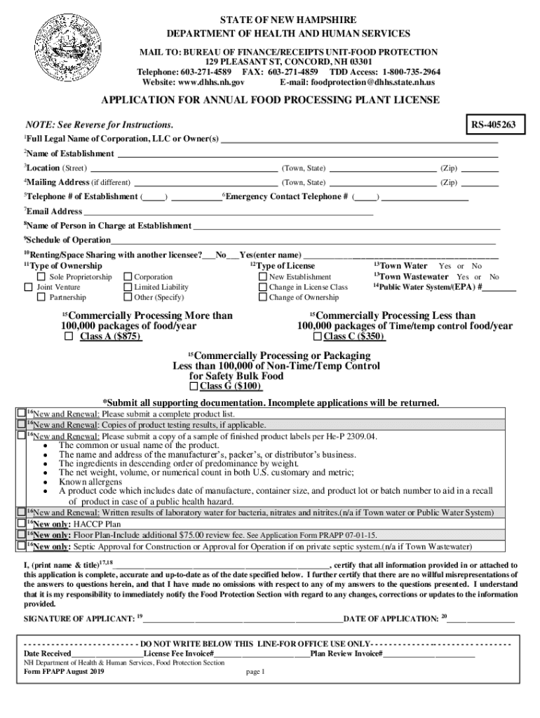 Fillable Online Application for Annual Food Processing Plant License