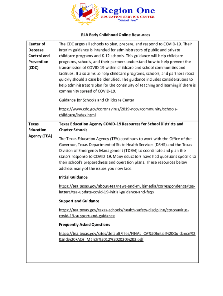 Fillable Online RLA Early Childhood Online Resources Fax Email Print