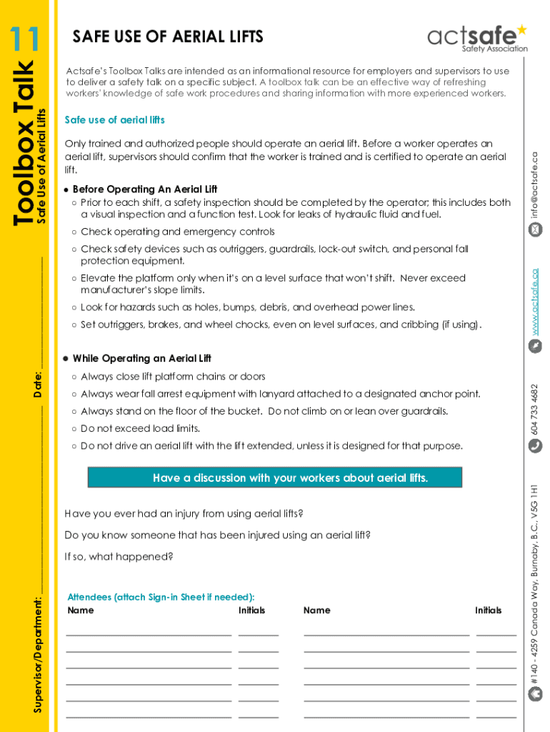Fillable Online Aerial Lift Safety Toolbox Talk Safety Checklist & Resources Fax Email Print