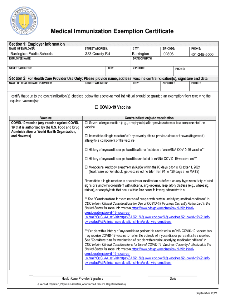 Fillable Online Medical Immunization Exemption Certificate For Use in