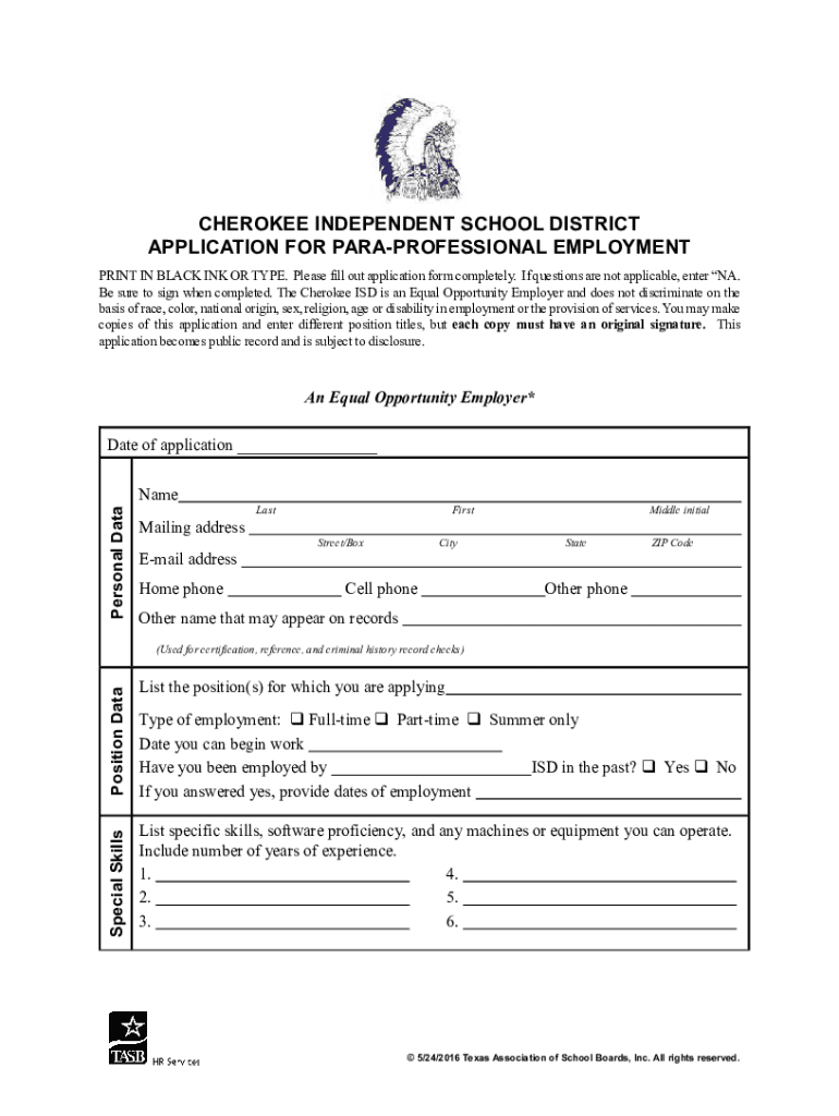 Fillable Online CISD Application for Para Professional Employment