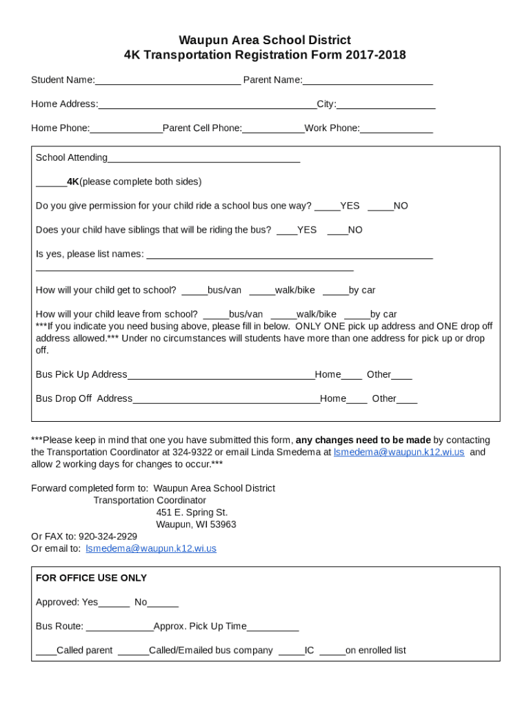 Fillable Online Waupun Area School District 4K Transportation