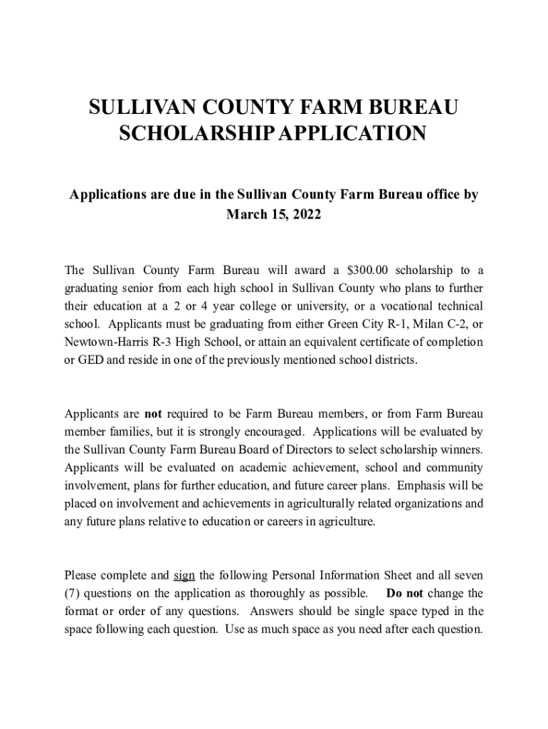 Fillable Online sullivan county farm bureau scholarship application
