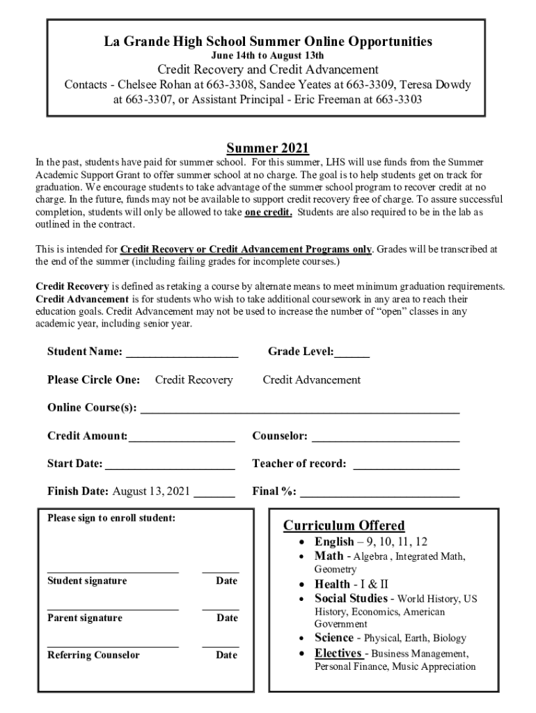 Fillable Online La Grande High School Summer Online Opportunities AWS