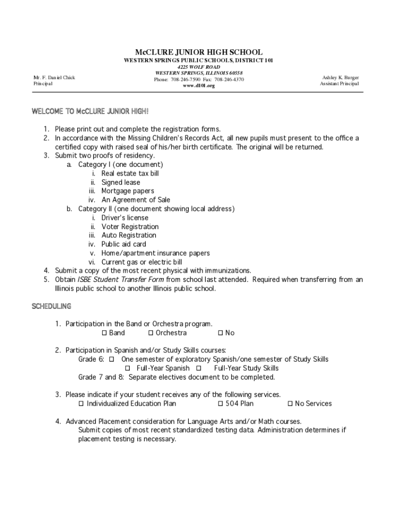 Fillable Online McClure Junior High School in Western Springs, IL