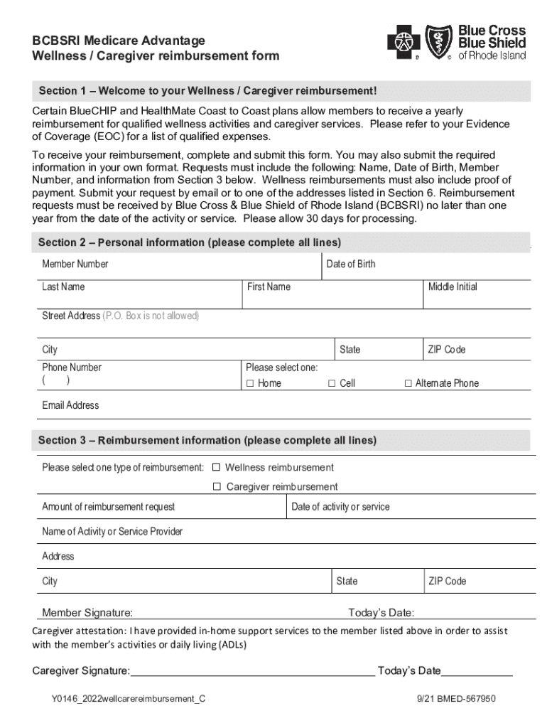 Fillable Online BCBSRI Medicare Advantage Wellness / Caregiver