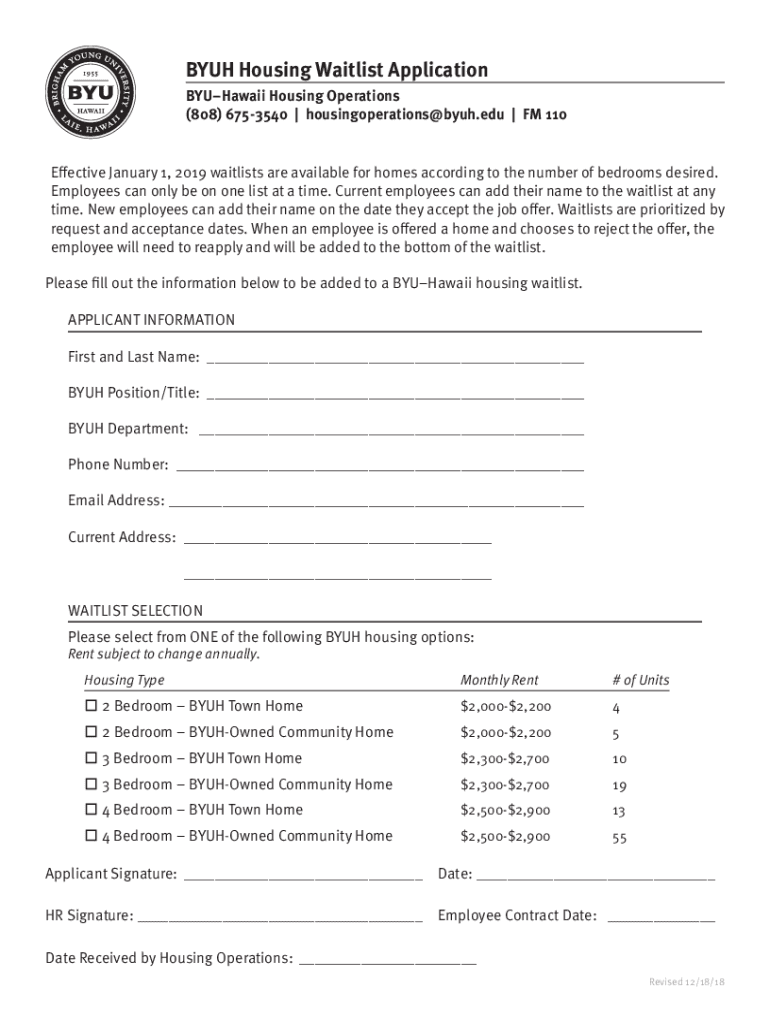 Fillable Online BYUH University Housing Waitlist Application BYUH