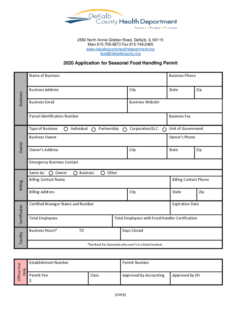 Fillable Online 2020 Application for Seasonal Food Handling Permit Fax