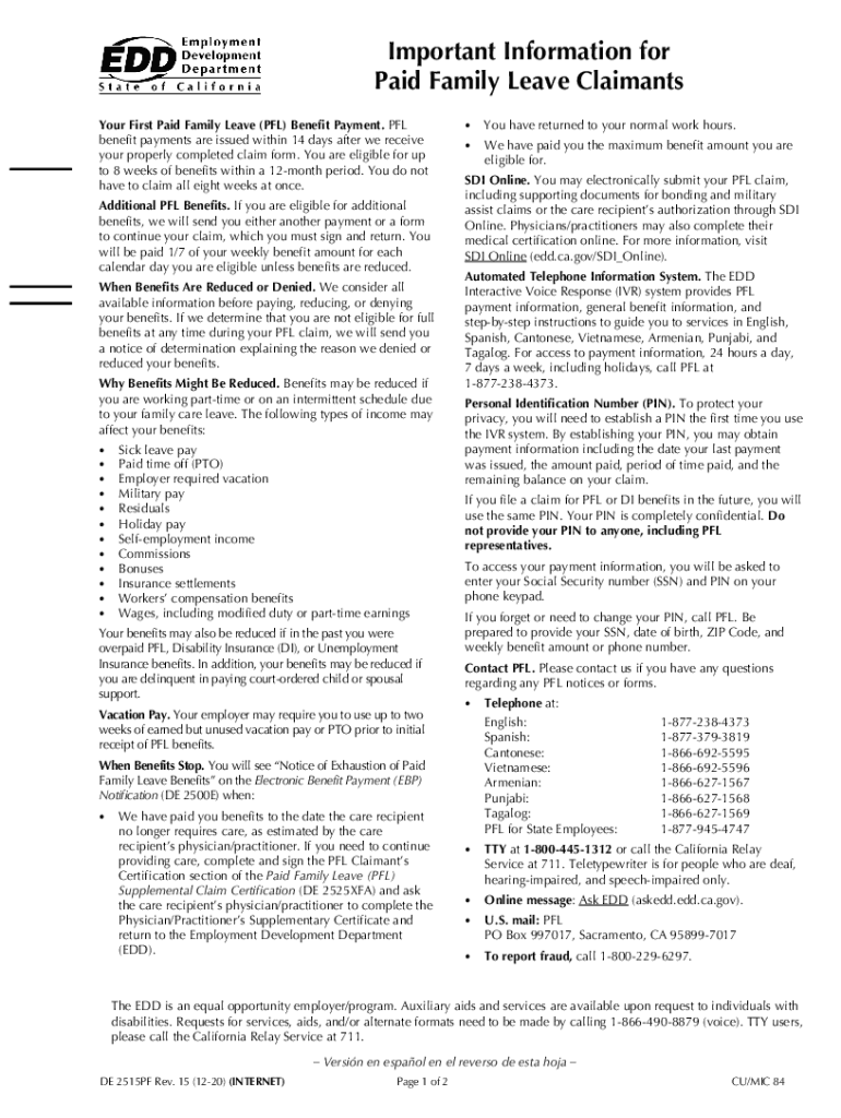 Fillable Online edd ca Paid Family Leave Claim Process Employment