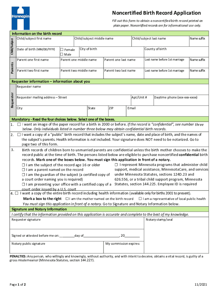 Fillable Online Noncertified Birth Record Application Hennepin County