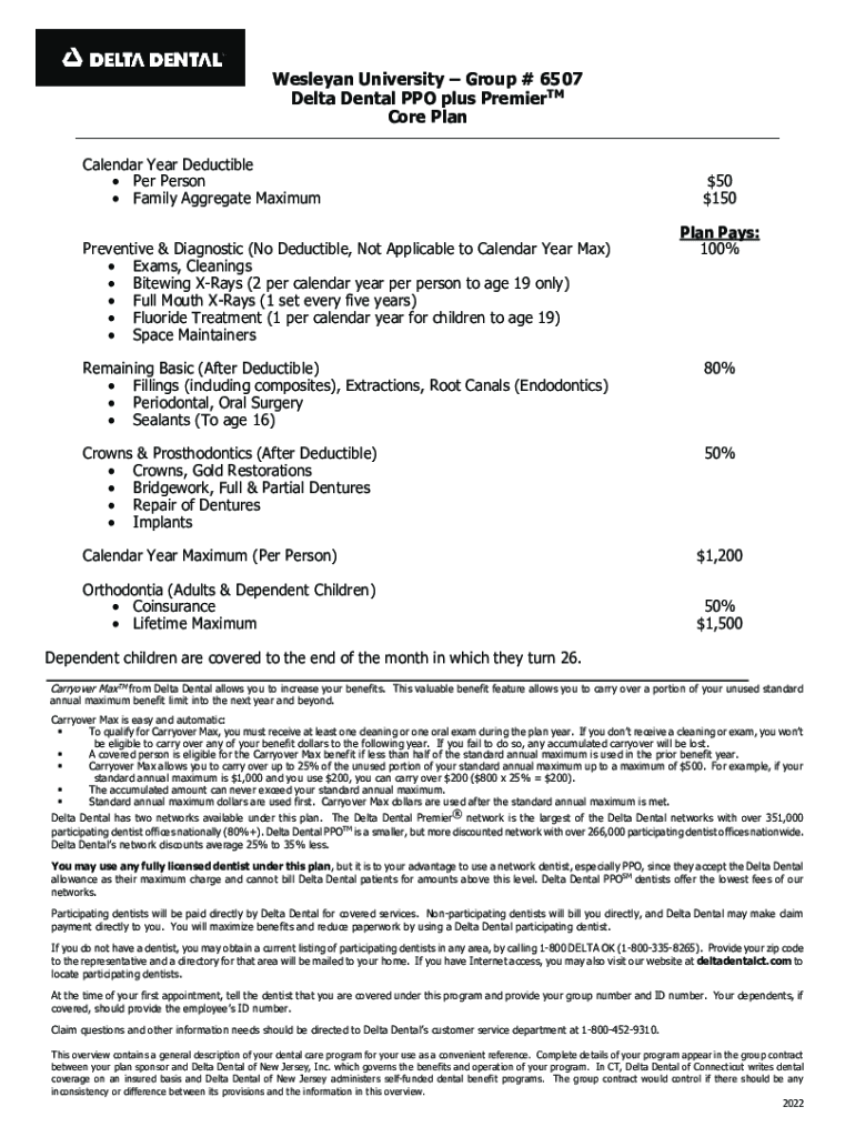 Fillable Online Group 6507 Delta Dental PPO plus Premier Core Plan