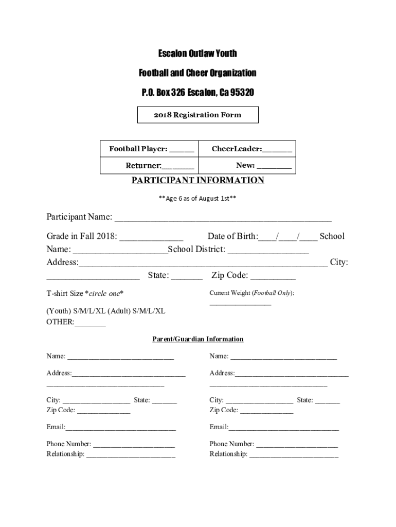 Fillable Online ABOUT US ESCALON COUGARS YOUTH FOOTBALL AND CHEER Fax