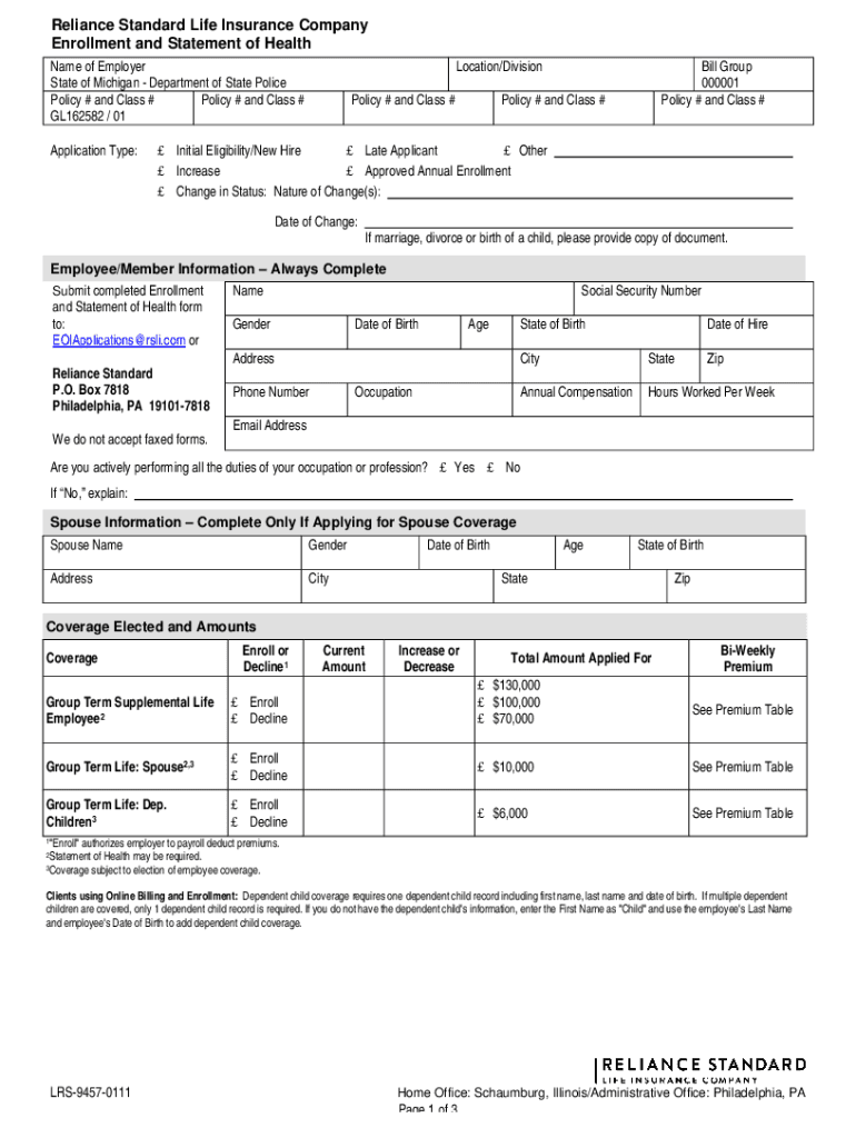 Fillable Online Reliance Standard Life Insurance Company Enrollment and