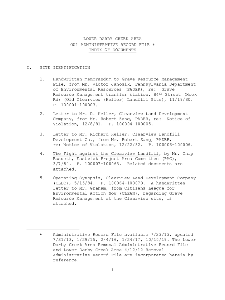 Fillable Online OU 1 ADMINISTRATIVE RECORD FILE INDEX OF DOCUMENTS