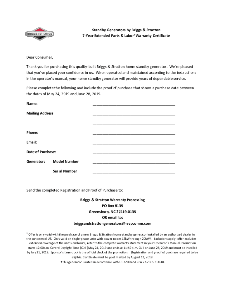 Fillable Online 7 Off Briggs and Stratton Home Standby Generators + 7Year Warranty at Fax