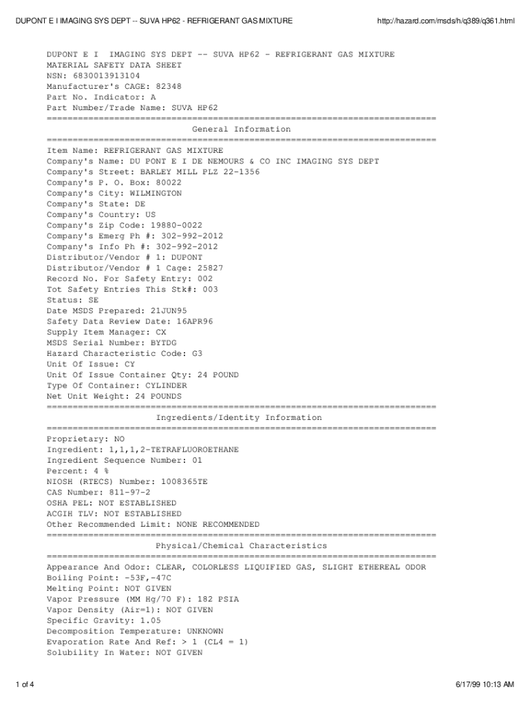 Fillable Online DUPONT E I IMAGING SYS DEPT SUVA HP62 REFRIGERANT GAS MIXTURE Fax Email