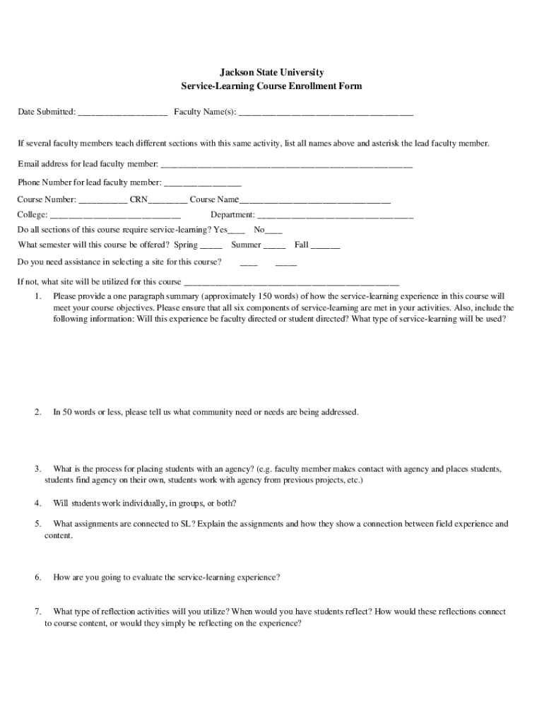 Fillable Online Jackson State University ServiceLearning Course Enrollment Form Fax Email Print