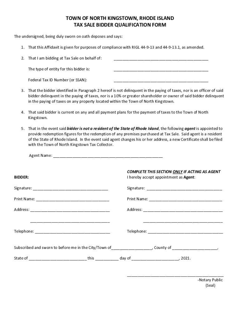 Fillable Online TOWN OF NORTH KINGSTOWN, RHODE ISLAND TAX SALE BIDDER