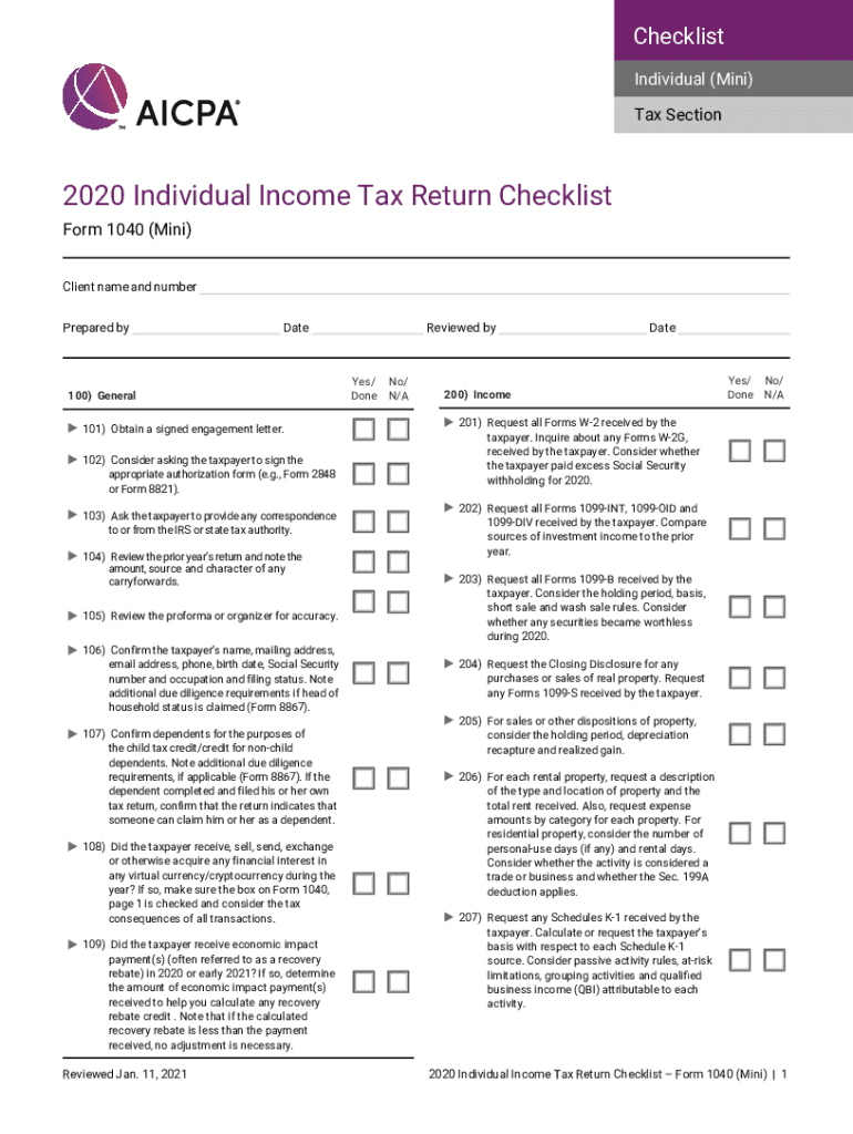Fillable Online 2020 Individual Tax Return Checklist Form 1040
