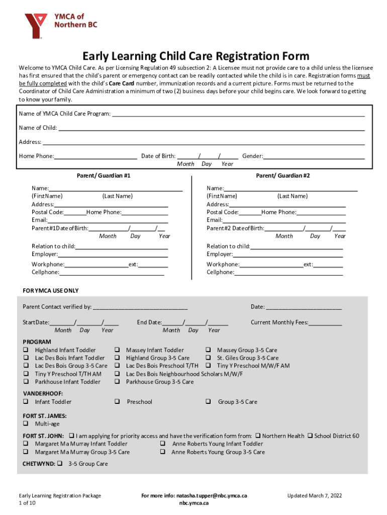 Fillable Online Early Learning Child Care Registration FormEarly LearningYMCA of Pierce and