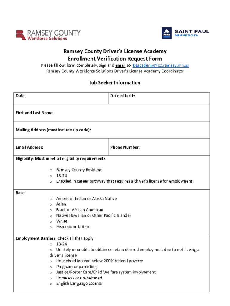 Fillable Online Ramsey County Drivers License Academy Enrollment Verification Request Form Fax