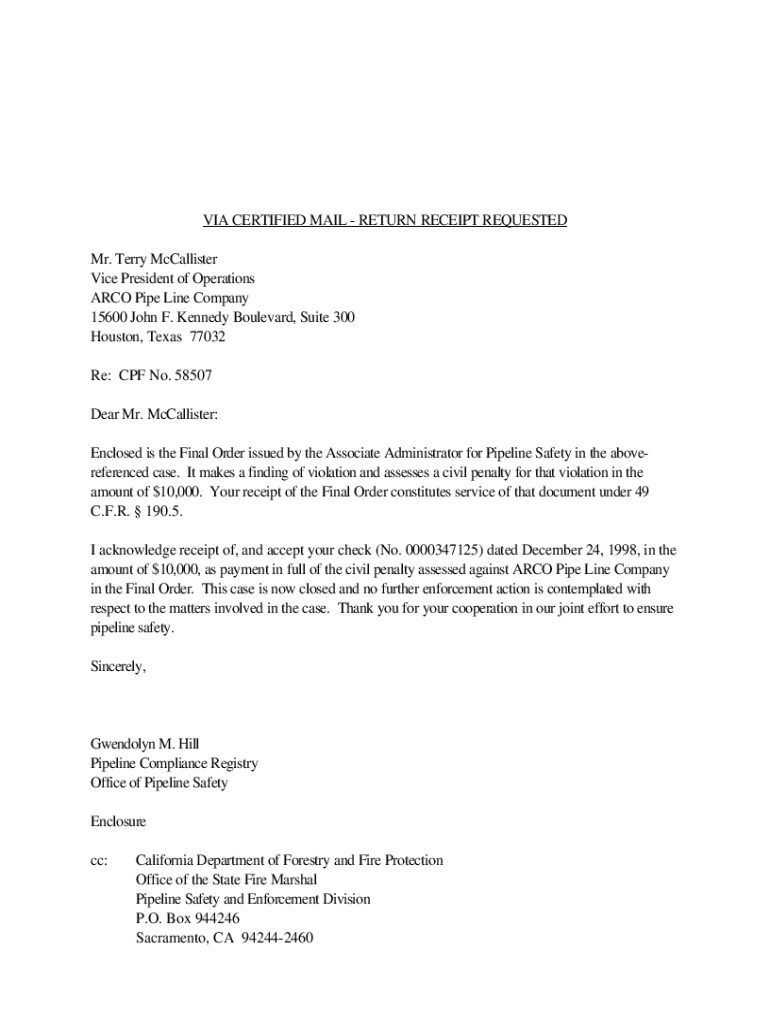 Fillable Online primis phmsa dot RETURN RECEIPT REQUESTED Mr. Terry