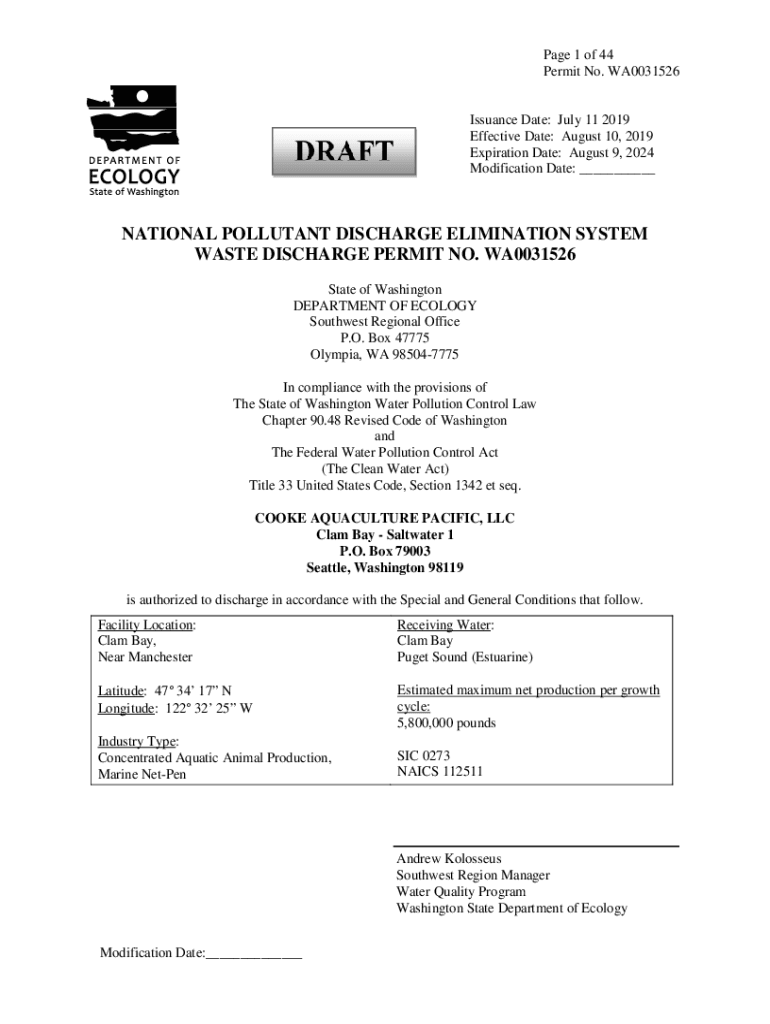 Fillable Online Cooke Aquaculture Clam Bay WA0031526 Draft Permit