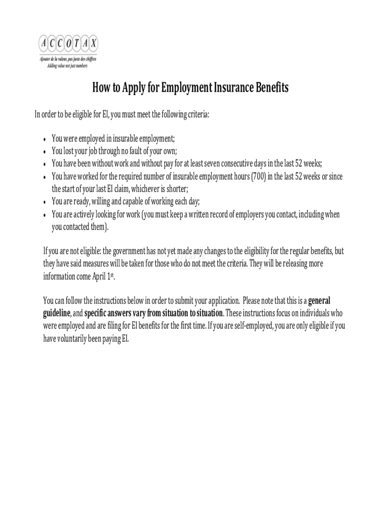 Fillable Online Online Application for Employment Insurance (EI