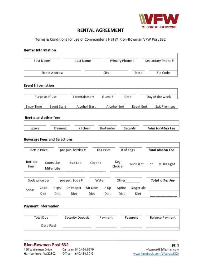 Fillable Online Hall Rental Agreement/Renters Rules VFW Post 8573 Fax
