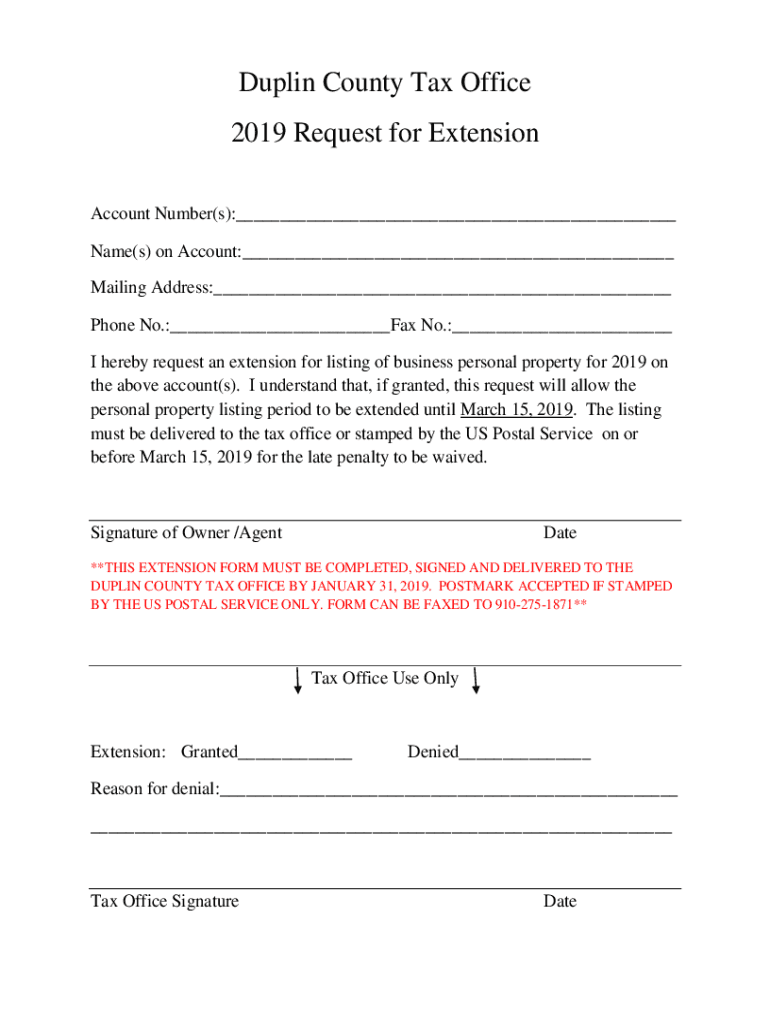 Fillable Online Duplin County Tax Office 2019 Request for Extension Fax